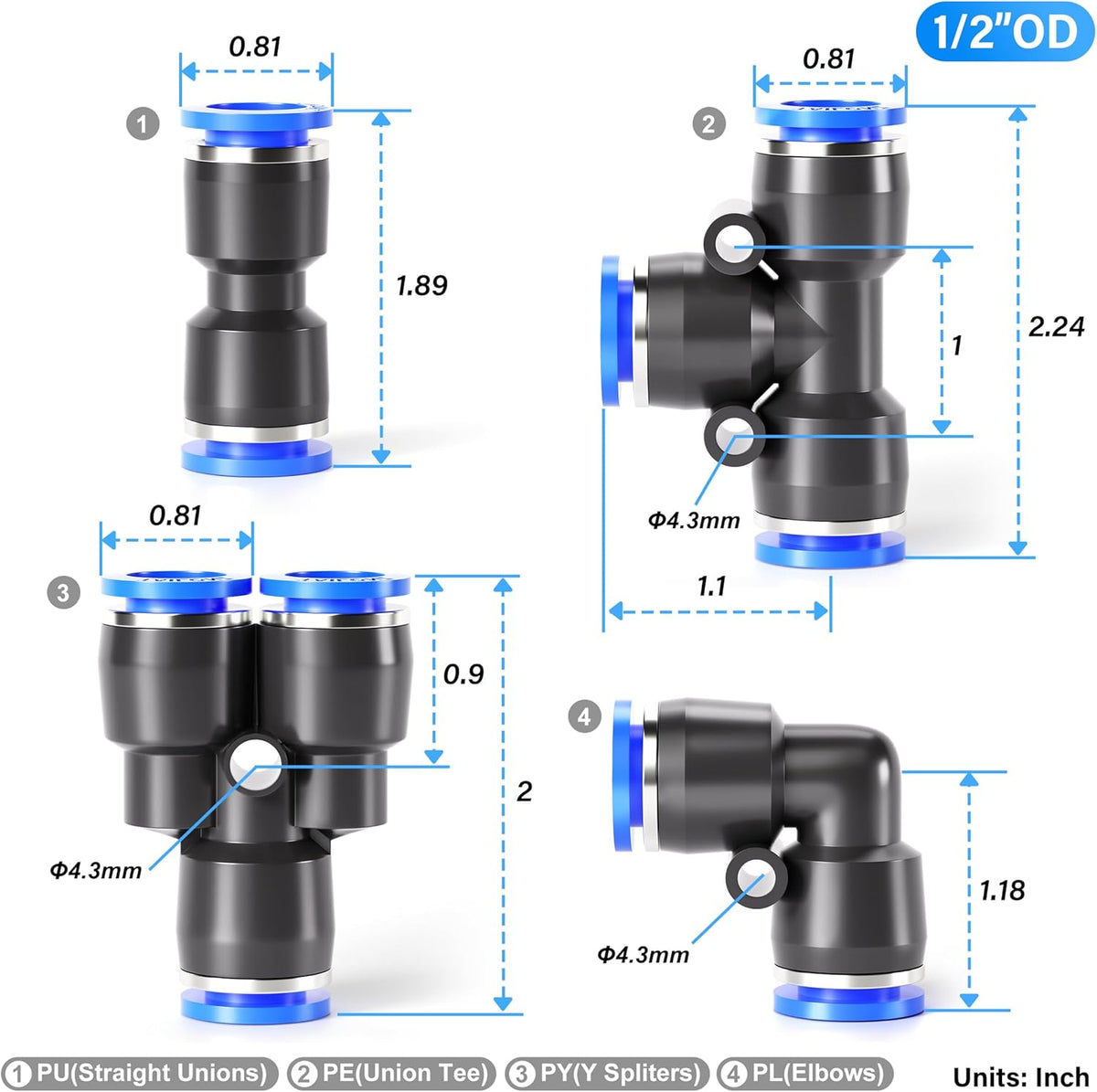TAILONZ PNEUMATIC 1/2 Inch od Push to Connect Fittings Pneumatic Fittings Kit 2 Spliters+2 Elbows+2 tee+2 Straight (8 pcs)