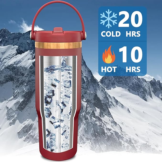 30 oz Tumbler Bulk with Handle and Straw, Vacuum Insulated Tumblers with Flip Straw and Top Handle, Leakproof Powder Coated Tumbler, Stainless Steel Travel Mug for Coffee Water (Red, 4 Pack)