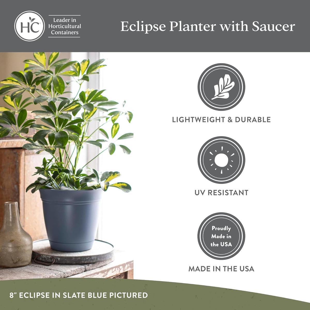 The HC Companies Eclipse Round Planter with Saucer - Outdoor & Indoor Plant Pot with Drainage Holes - Lightweight, UV-Resistant Plastic Pots for Plants, Flowers & Herbs (10" Peridot, Pack of 1)