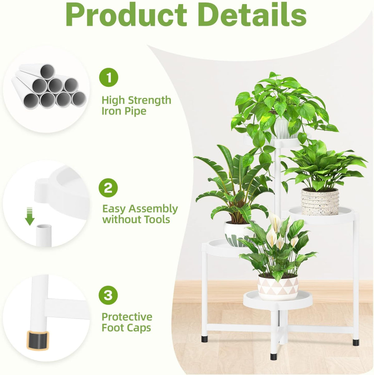 iDavosic.ly 4 Tier Folding Plant Stand Indoor Outdoor with Plastic Tray, Tiered Corner Flower Holder Shelf, Metal Orchid Display Rack for Patio Porch Living Room Garden Balcony, White