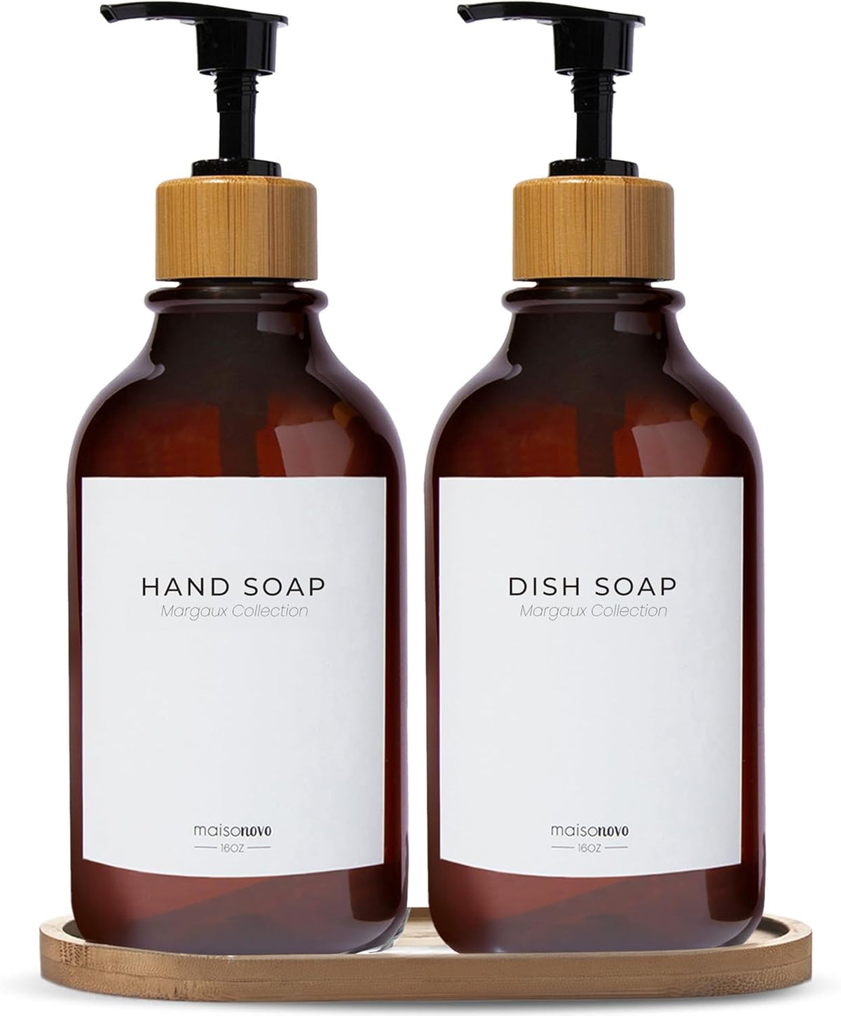 Maisonovo Plastic Soap Dispenser Set | Hand Soap and Dish Soap Dispenser Set | 16.9oz Amber Bottles with Black Bamboo Pump | Bathroom Lotion Dispenser with Pump Set of 2