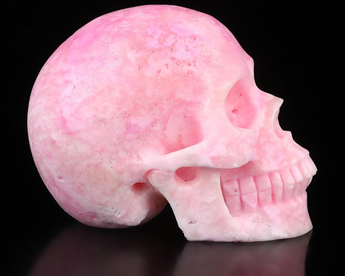 Skullis 5.1" Pink Aragonite Crystal Skull, Hand Carved Gemstone Fine Art Sculpture, Reiki Healing Stone Statue.1469
