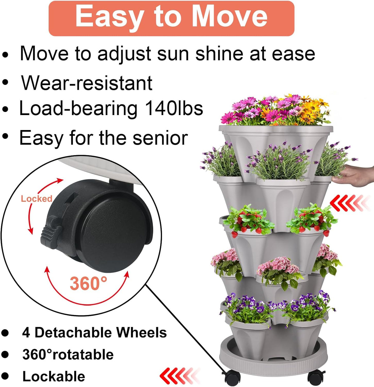 Strawberry Planter 5 Tier Stackable Planters - Vertical Garden Planting Tower Planters for Herb, Flower, and Vegetable Planter Indoor Outdoor Gardening Pots with Removable Wheels and Tools, Gray