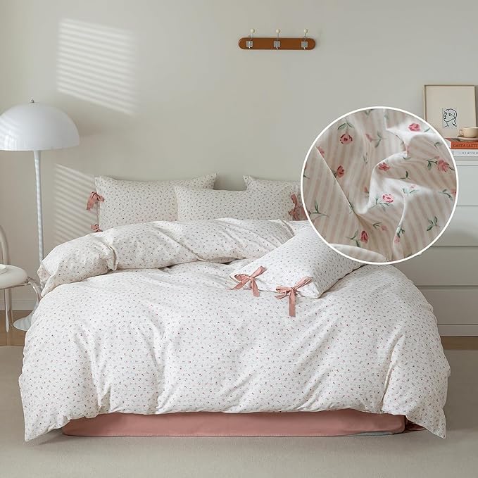 Girls Pink Floral Comforter Set Queen 3 Pieces Floral Cottagecore Bedding Comforter with 2 Bowknot Pillowcases Soft Fluffy Pink Stripes Bedding Set Aesthetic Cute Flowers Comforter Set for Girls Women
