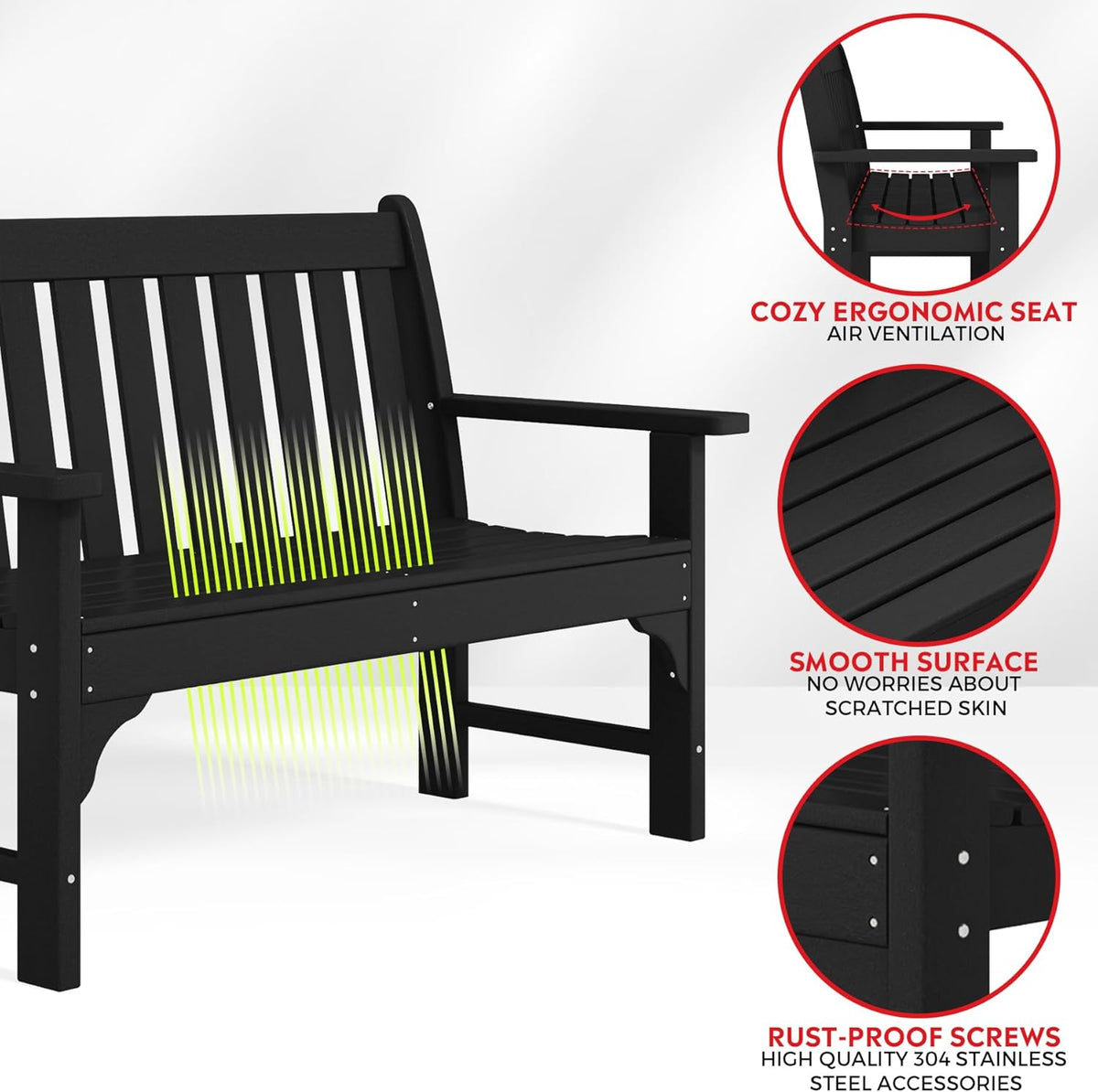 Garden Bench, Farmhouse Park Front Porch for Entryway Bench Outdoor Seating Low Bench Patio Bench Outside/Indoor, Black