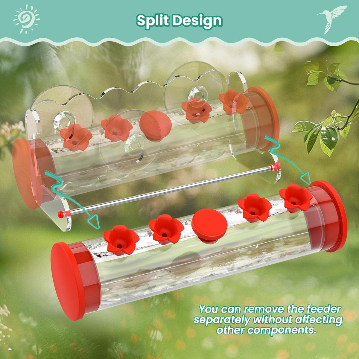 Window Hummingbird Feeder 10oz,4 Feeding Ports with Leak-Proof Design & Ultra Strong Suction Cups,Durable Plastic Bird Feeder Easy to Clean Refill, Outdoor/Indoor Use (Red Flower Top)