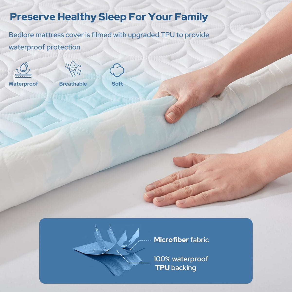 BEDLORE Waterproof Mattress Protector, Twin Size Mattress Pad with Deep Pocket 6"-15" Depth, Soft Breathable Single Bed Mattress Cover for Bedroom, Dorm Room (White)