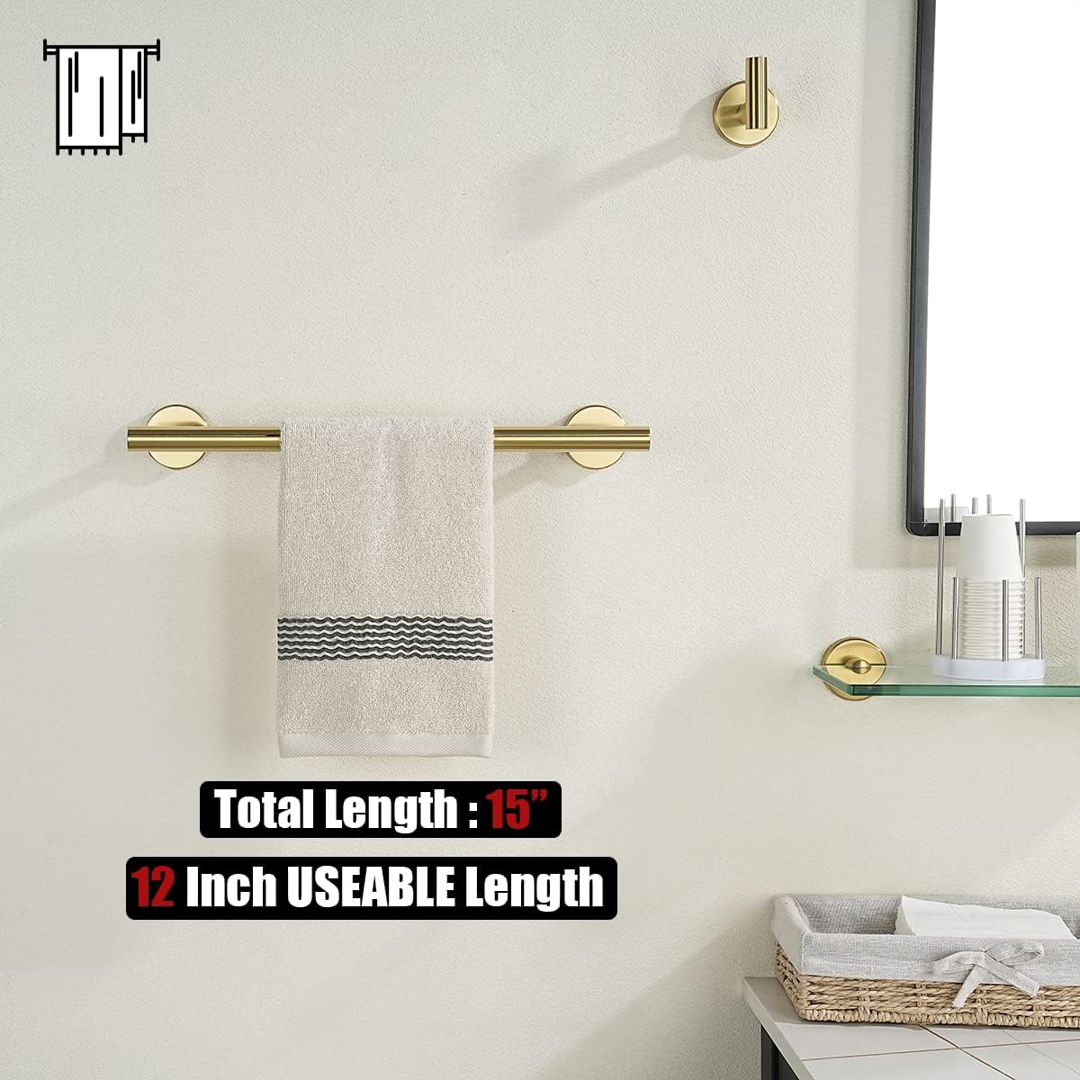 JQK Bathroom Towel Bar, 15 Inch 304 Stainless Steel Thicken 0.8mm Towel Rack, Towel Holder Brushed Gold Wall Mount, Useable Length 12 Inch TB110L12-BG