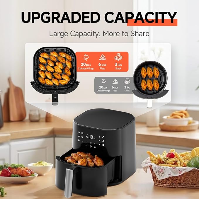 QIDO Air Fryer 8-in-1 with 5 QT Capacity,180°-450°F Precision Heating, Air Fry, Roast, Broil, Reheats, Dehydrates, Less Oil, Features Shake Reminder, Large Touch Display with Auto Menus, Dark Black