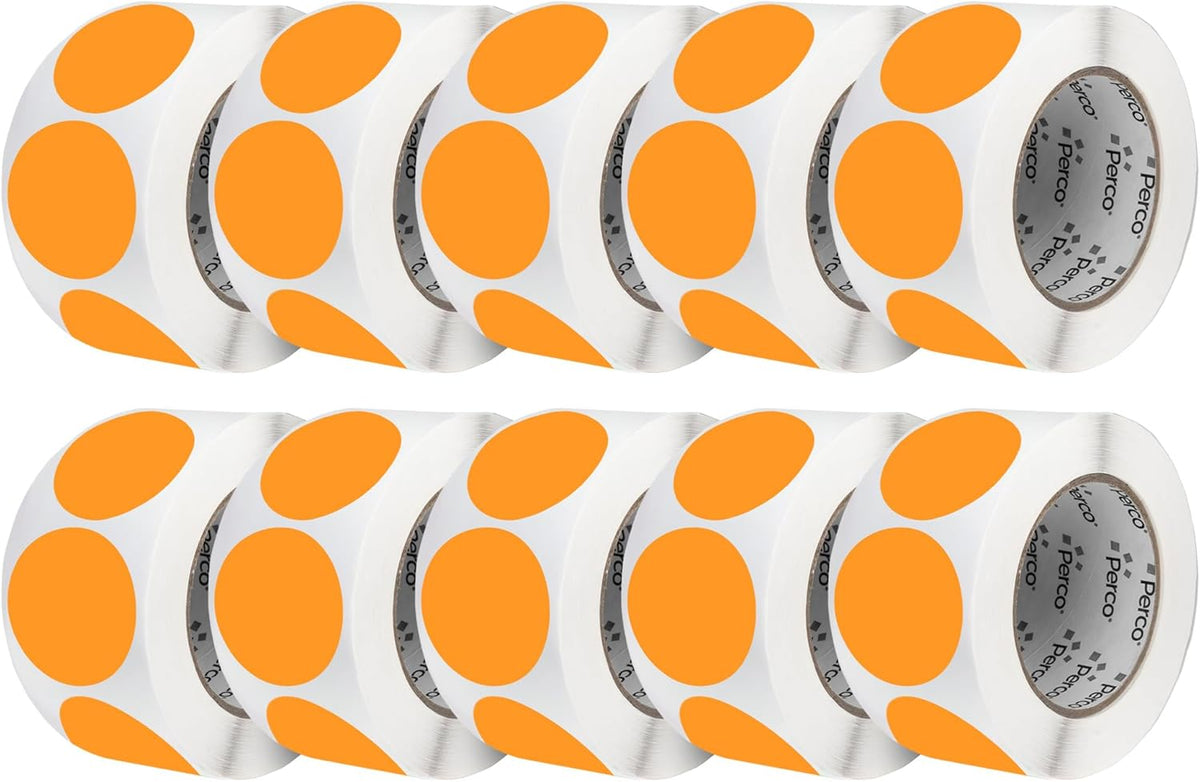 Perco Fluorescent Orange 3-Inch Perforated Circle Dot Sticker Labels — 10 Rolls, 5,000 Round Stickers — with Permanent Adhesive for Moving Boxes, Sale Signage, Displays, Status Messaging—Made in USA