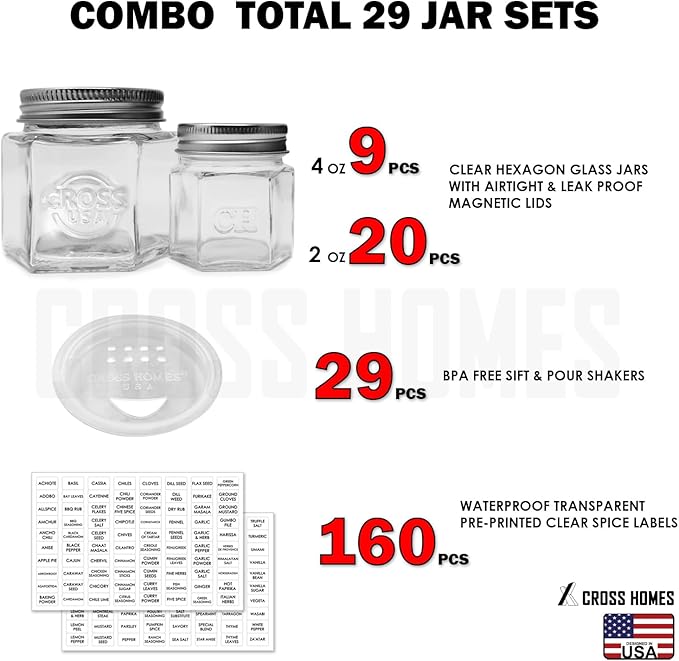 Magnetic Spice Jars Combo Pack 29 Pack (9 Large 4 oz + 20 Small 2 oz) Refrigerator Hexagon Glass Spice Jar Magnetic Lid Shaker Spice Labels Magnetic Glass Spice Container for RV Kitchen Fridge Cabinet