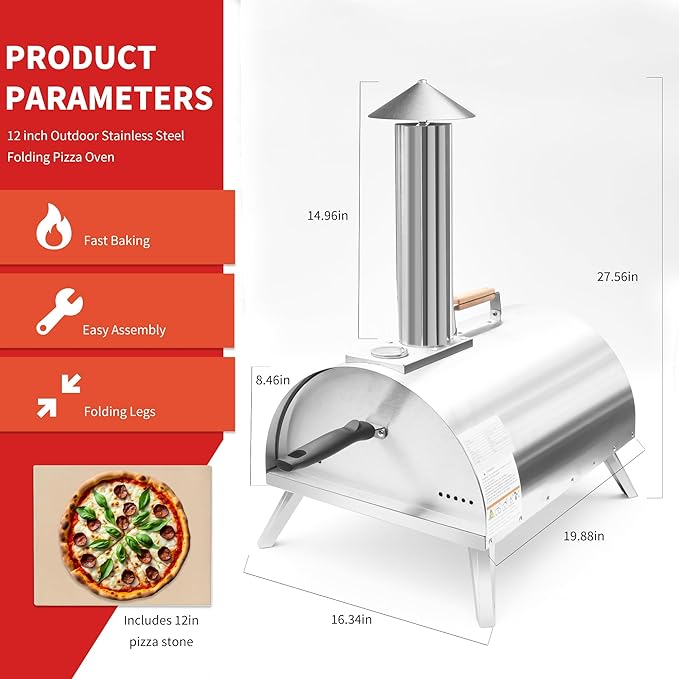 12" Wood Pellet Pizza Oven – Portable Stainless Steel Outdoor Pizza Maker with Built-In Thermometer, Foldable Legs, Carry Handle & Cordierite Pizza Stone for Backyard, Patio & Camping