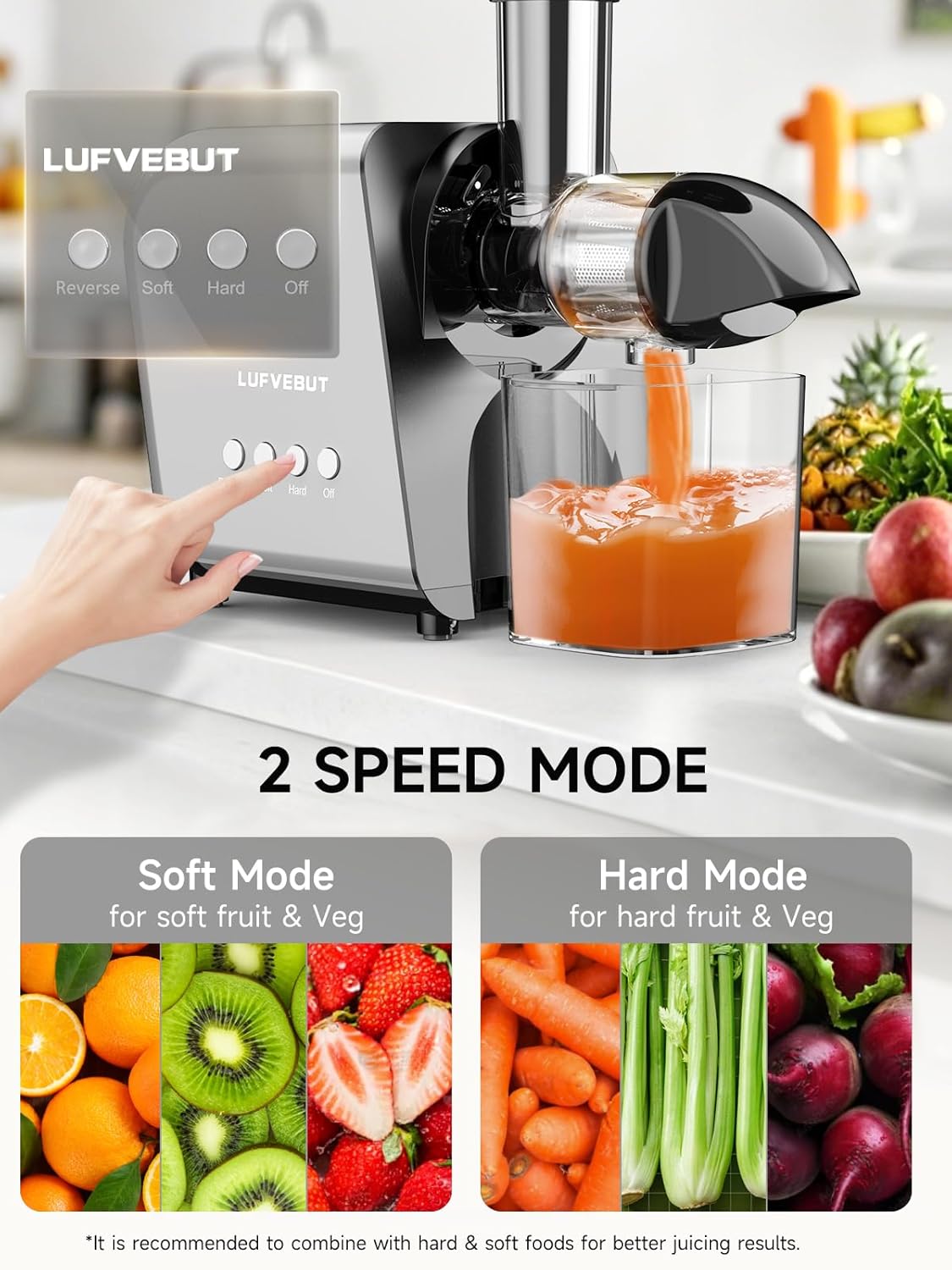 Celery Juicer Machine with Reverse Function, Cold Press Slow Masticating Juicer for Soft & Hard Vegetable Fruit Carrot Ginger Orange Juicer 250W High Power & High Juice Yield, Easy to Clean, BPA-Free