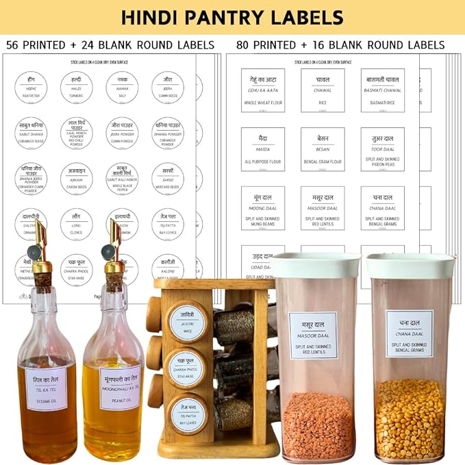 136 Printed Indian Hindi Bilingual Plus 40 Blank Kitchen Pantry Labels, Minimalist, Waterproof, Dishwasher-Safe, Easy to Remove and Re-Stick