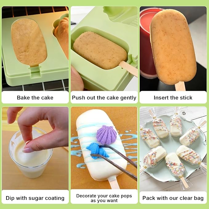 Juome Cake Pop Mold Kit, 2 Pack 6 Cavities Cakesicle Molds Silicone with 100 Wooden Sticks & 100 Packaging Bags with Ties, Cake Pop Maker Supplies Accessories, Baking Tools for Home Baking Desserts