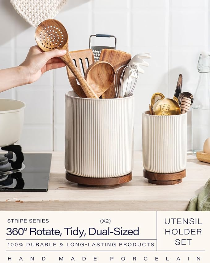 getstar Large Rotating Utensil Holder for Kitchen Counter,7.9"+6" Ceramic Utensils Crocks Set for Countertop Large & Small Utensil Organizer for Spatula Farmhouse Kitchen Decor