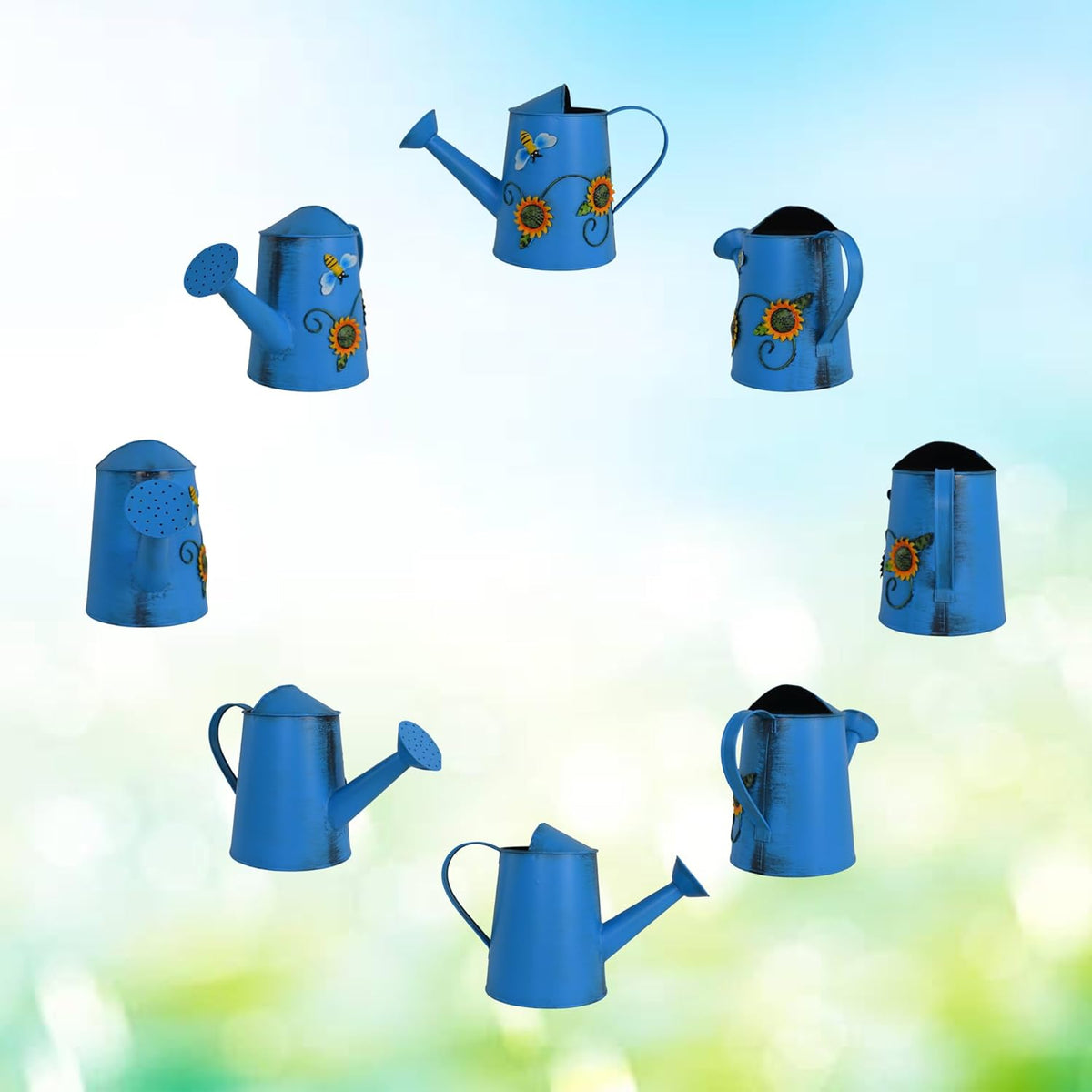 Decorative Sunflower & Bee Metal Watering Can (Vol: 4 Cups) | Small Blue Watering Can | Garden Décor Housewarming Gift for Mother Women Friends Gardeners