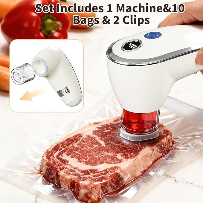 Compact Vacuum Sealer Machine for Food with 10 Reusable Vacuum Bags, Seal Food 5X Fresh Longer, Handheld Portable Rechargeable Wireless for Food Storage