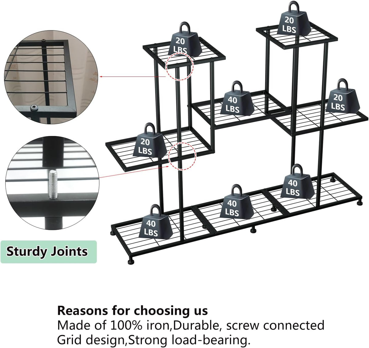 Metal Plant Stand, 5 Tiers Multifunctional Plant Stands for Indoor Plants, Decorative Black Steel Plant Shelf for Indoor Patio Garden Balcony and Yard (4 tiers 12 pots)