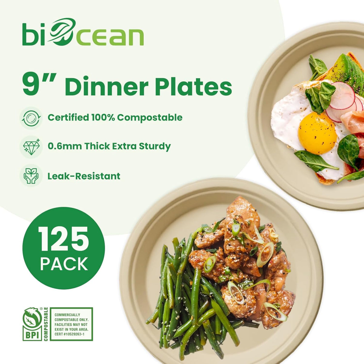 10 Inch Compostable Plates 125 Pack Heavy Duty Compostable Paper Plate, Natural Sugarcane Bagasse Disposable Plates, Brown Biodegradable Plates for Dinner, Party, and Weddings (Round)