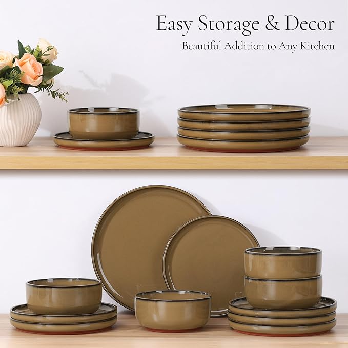 E-far Stoneware Dinnerware Sets for 6, 18 Pieces Reactive Glaze Plates and Bowls Sets, Elegant Dishes with Rustic Terracotta Clay Base, Dishwasher & Microwave Safe, Scratch Resistant, Deep Camel