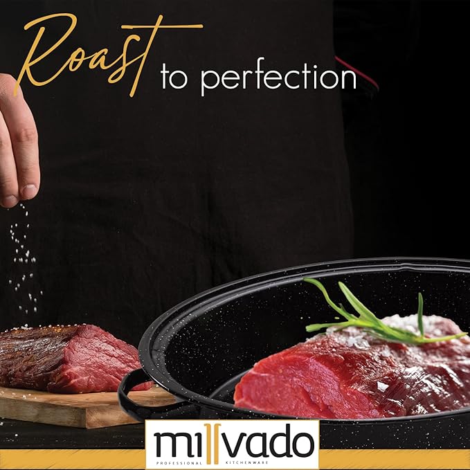 Millvado Roasting Pan With Lid, Turkey Roaster Pan, Extra Large 15 lb Capacity, 18" Granite Oven Roaster Oval Shaped Speckled Enamel on Steel Cookware