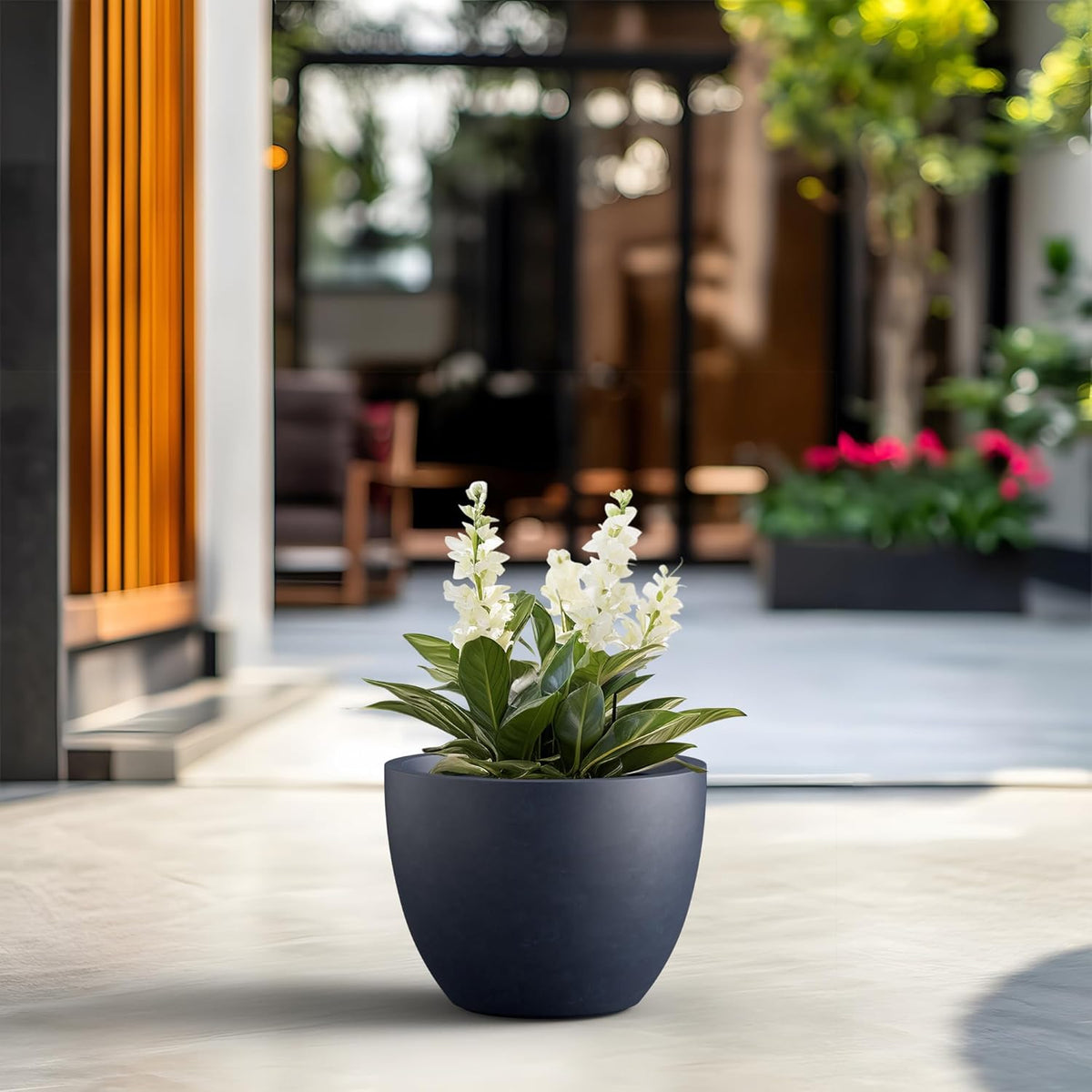 Kante 14.2 Inch Round Concrete Planter - Classic Large Indoor/Outdoor Plant Pot with Drainage Hole and Rubber Plug, Suitable for Gardens and Patios, Charcoal Finish with Forest Green Interior