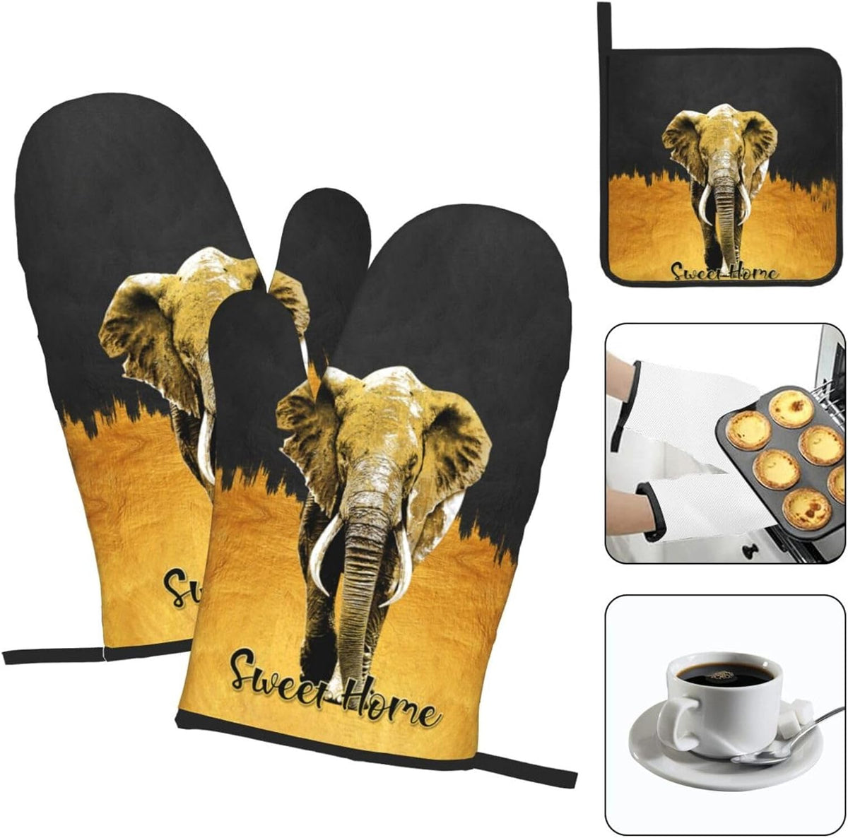 Elephant Oven Mitts and Pot Holders Sets of 3 Black Gold Hot Pads Oven Gloves Heat Resistant Non Slip Washable for Kitchen Cooking Grilling Baking