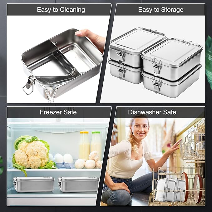 Umigy 8 Pcs Stainless Steel Food Containers 1200ml Metal Bento Lunch Box Stainless Steel Food Storage Containers, Lockable Clips to Leak Proof, Reusable Dishwasher Snack Boxes for Work