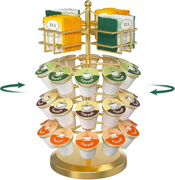 EsLuker.ly K Cup Holder Coffee Pod Organizer Carousel for Countertop, Rotatable Metal 4-Tier Storage Rack Stand for 30 K Cups & Tea Bags, Convenience Meets Elegance, Gold