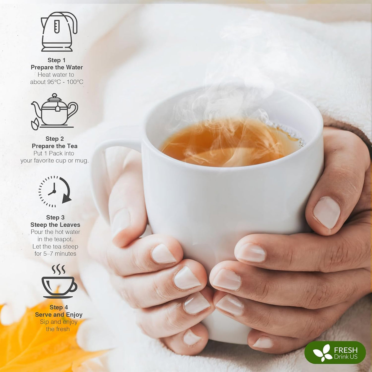 FreshDrinkUS, 30 Tea Bags Herbal Tea – Caffeine-Free Herbal Tea with Rooibos, Turmeric & Hibiscus – Loose Leaf Blend for Daily Rituals and Clean Living – Vegan, No Additives