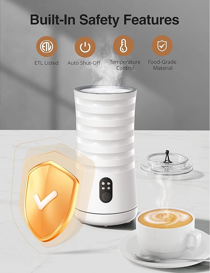 Milk Frother, Automatic Milk Frother Machine 4 in 1 Functions Milk Frother Machine for Coffee, Hot Chocolates, Latte, Cappuccino, Milk Frother 240ml, White