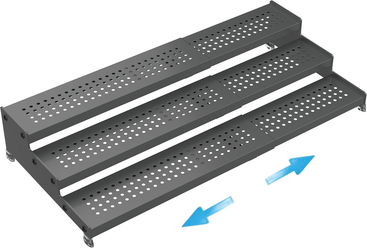 Expandable Spice Rack organizer with 3-Tier step shelf,Modern Design heavy duty,Non Skid and Visibility ,Great for Kitchen Cabinet,Bathroom,dressing table,Cupboard, Pantry and more(1PACK/GUN-GREY)