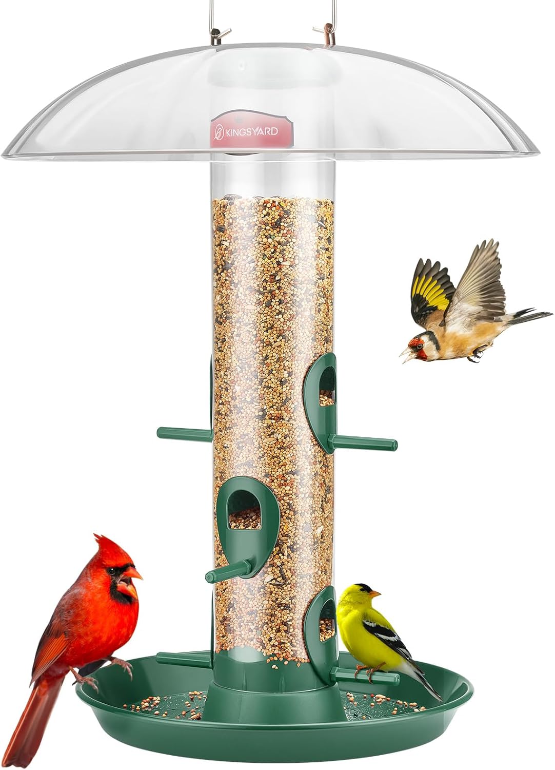 Kingsyard Metal Bird Feeders for Outdoors Hanging, Wild Bird Feeder for Finch Cardinal, Large Tray and Rainproof Dome, 2 lbs Seeds Capacity (Drak Green)