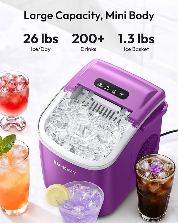 EUHOMY Countertop Ice Maker Machine with Handle, 26lbs Per Day, 9 Ice Cubes Ready in 6 Mins, Auto-Cleaning Portable Ice Maker with Basket and Scoop, for Home/Kitchen/Camping/RV (Purple)