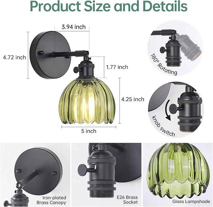 Vintage Wall Sconce with Green Tulip Glass Lampshade 180 Degree Adjustable Black Sconce Hradwired Modern Wall Lighting Fixture with Switch for Bedside Bedroom Doorway