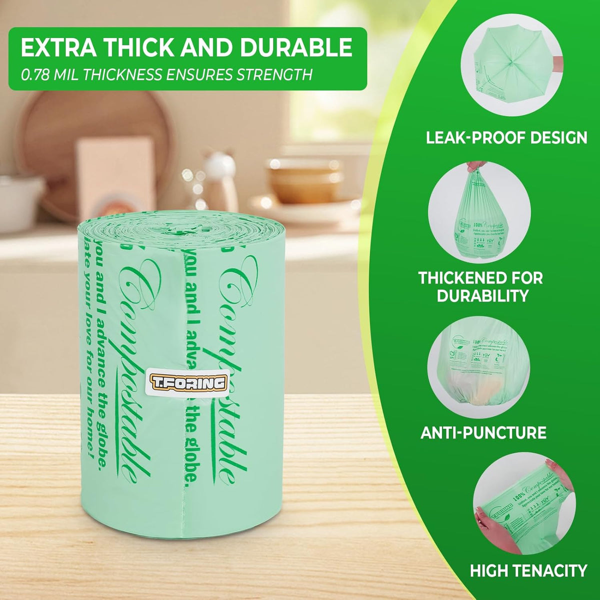 Tall Kitchen Compost Bags 13 Gallon, 49.5 Liter, 0.9 Mil,45 Count Compostable Trash Bags, Food Scrap Waste Bags, ASTM D6400, US BPI, CMA and Europe OK Compost Home Certified
