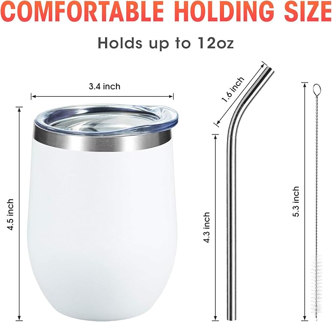 COMOOO Stainless Steel Wine Tumbler with Lid and Straw 12oz Double Wall Vacuum Insulated Travel Tumbler Cup for Coffee, Wine, Cocktails, Champagne (Mix color,8 Pack)