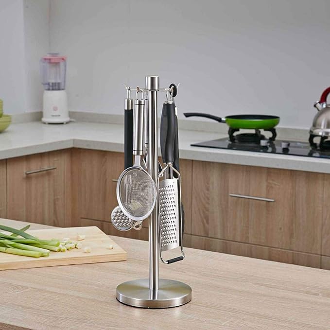 Stainless Steel Kitchen Utensil Holder, 360 Degree Rotating Utensil Rack with 5 Hooks, Kitchenware Storage Rack, Countertop Spatula Spoon Soup Ladle Holder