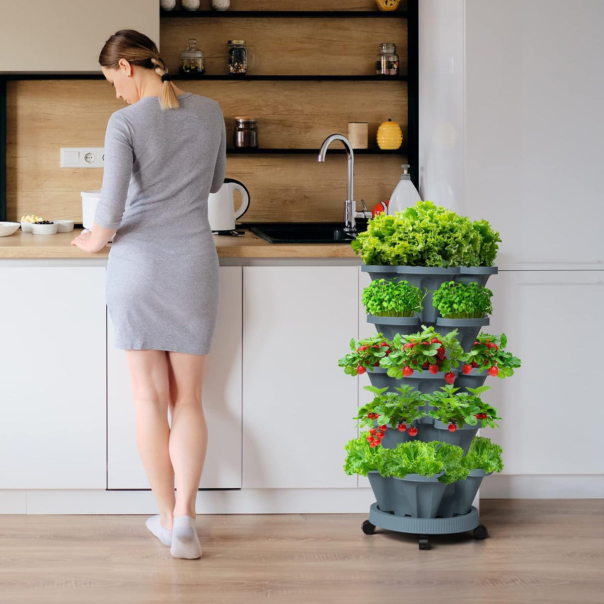 Strawberry Vertical Planters Tower Garden, 5 Tiered Stacking Planter with Support Pole, Stackable Herb Vegetable Planters Indoor and Outdoor - Dark Grey