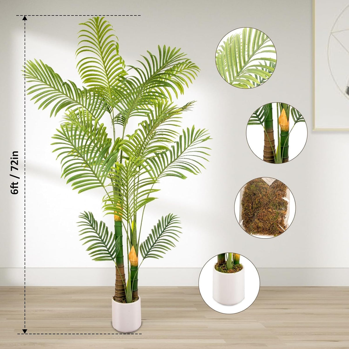Artificial Fake Palm Tree 6FT 1Pack with White Planter & Free Moss, UV Resistant Artificial Palm Tree for Outdoors, Fake Plants for Poolside Home Room Decor, Faux Plants Outdoor Decor