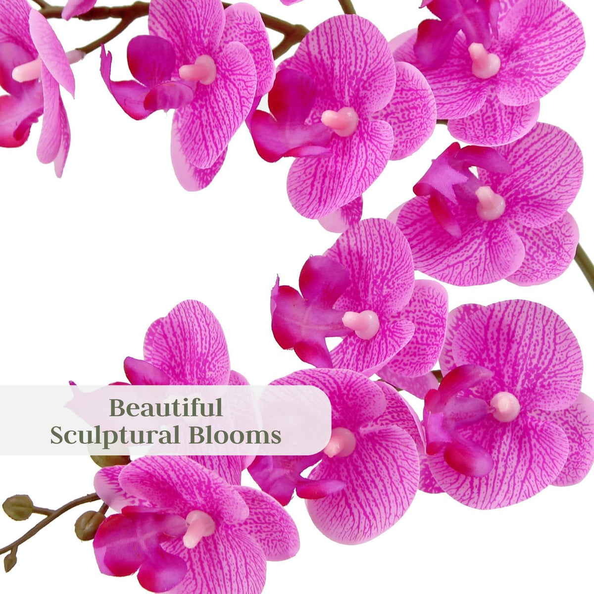 Faux Pink Orchid Plant, Premium Artificial Indoor Flower Display Stands 24”, Beautiful Sculptural Blooms That Lasts Forever, Grey Planter Pot Included