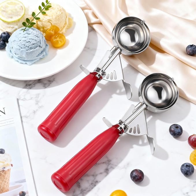 Reallnaive 2 Pcs Release Cookie Scoops Ice Cream Scooper with Trigger Release Portion Scoop Stainless Steel for Portion Control, Baking Food, Cookie Dough (1.33 oz,Red)