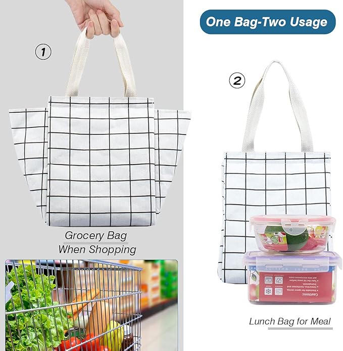 iknoe Insulated Lunch Bag for Women & Adults, 9L Foldable Wide-Open Cooler Bag with Pockets, Leakproof & Portable, for Picnic, Office, Beach(White grid)