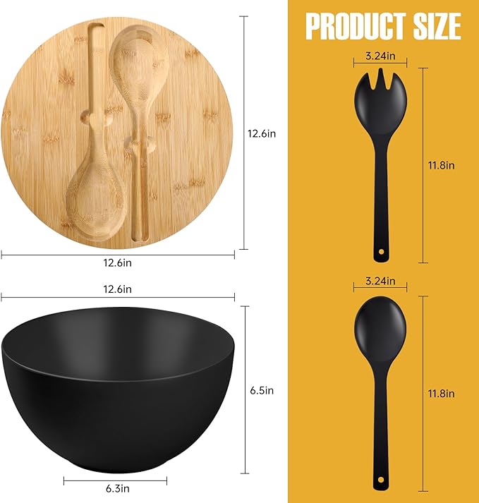 12.6" Extra Large Salad Bowl with Lid, 8.4QT Nature Bamboo Fiber Mixing and Serving Bowl with Lid, Spoon and Fork for Fruits,Salads and Vegetables (Black)