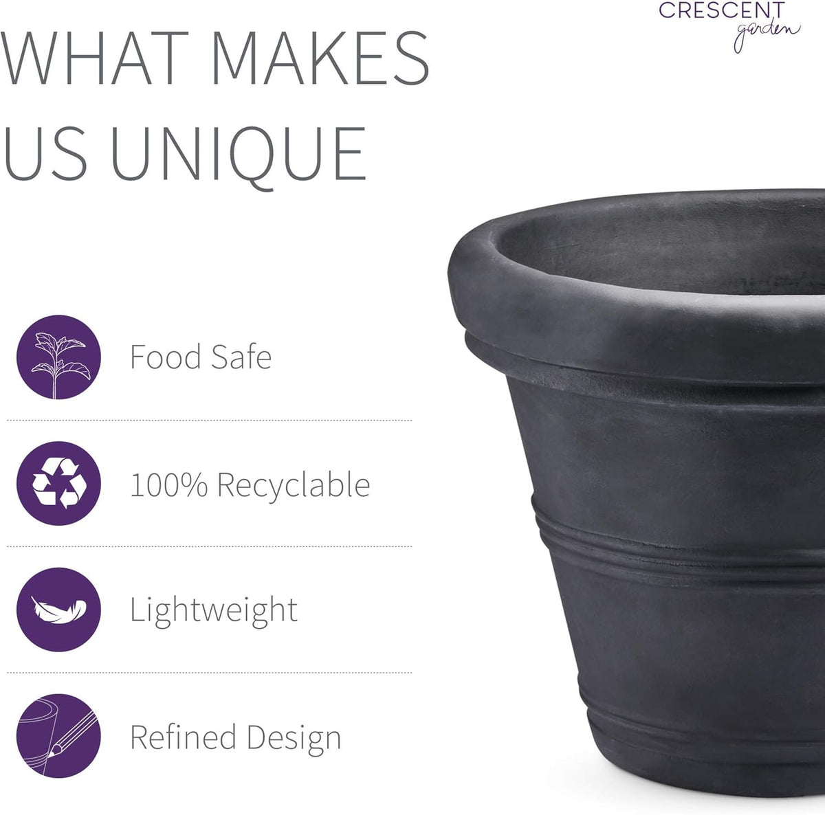 Crescent Garden Brunello Classic Rolled Rim Planter Pot, Indoor/Outdoor Plastic Round Plant Pot - Resin Large UV-Resistant Flower Pot - Frostproof, Fadeproof Pots - 27'W' (Black)