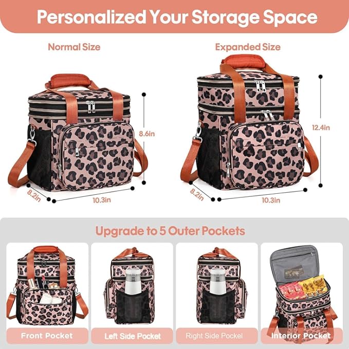 GLENKEY Expandable Insulated Lunch Box, Double Deck Lightweight Large Lunch Bag Tote Leakproof Cooler Bags for Women Adults Work Outdoor Picnic Daytrip, Leopard, 16L