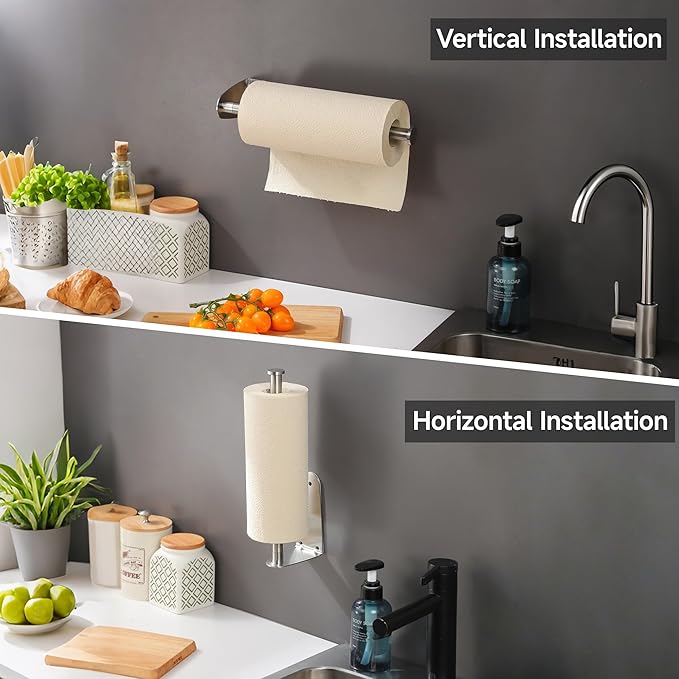 ZUNTO Paper Towel Holder Under Cabinet - Self Adhesive & Drilling, Stainless Steel Wall Mount Paper Towel Rack, One Hand Tear