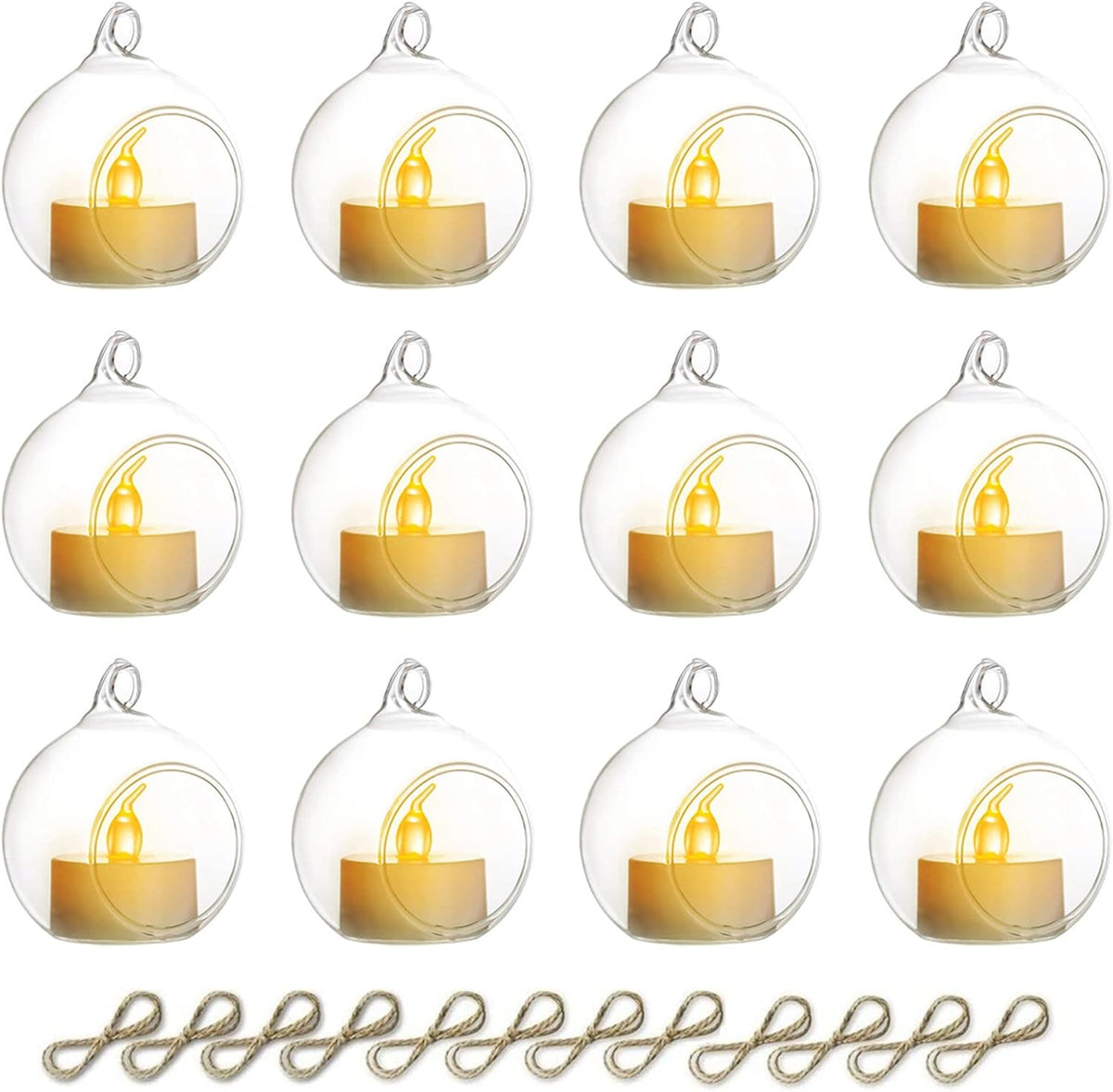 NUPTIO Hanging Glass Globe with Candles: Set of 12 Tealight Candle Holders with LED Tea Lights - 2.36 inch Bulk Clear Votive Candleholders for Party Wedding Birthday Shower Celebration Tree Decoration