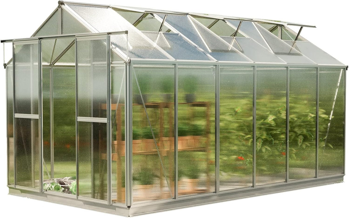 Greenhouse Saphir 6 Aluminum Frame 8.5 x 12.6 ft Approx. 6 mm Polycarbonate Panels - with Bonus Base Frame and Automatic Vent Opener